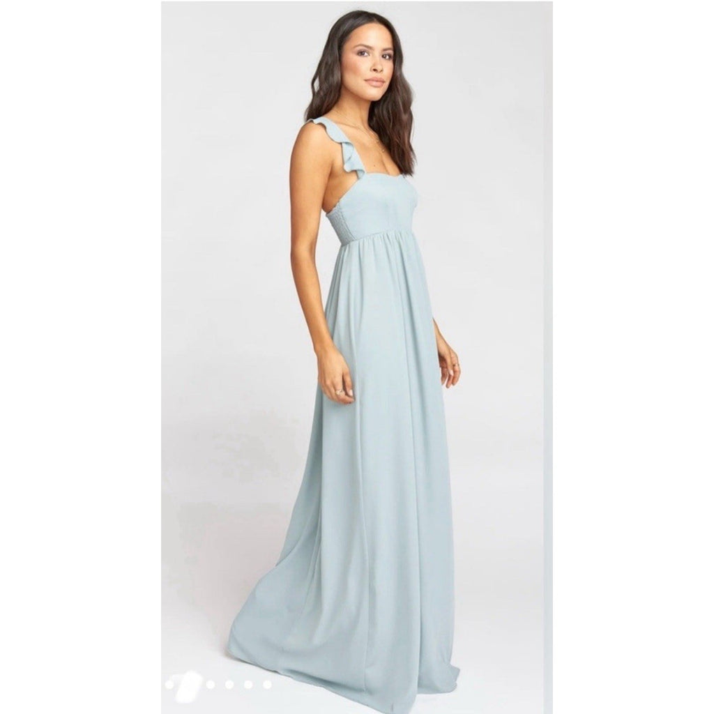 Show Me Your Mumu June Maxi Smocked V-Back Dress Silver Sage Crisp Size XXS NWT