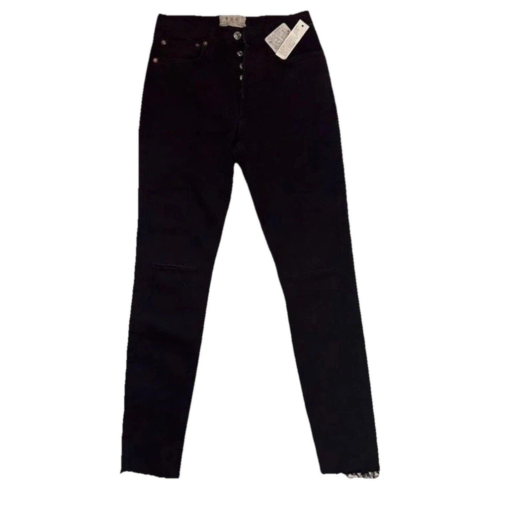 FP Free People Stella Skinny Jeans High Rise Button Fly Raw Hem Black Sz 26  NWT