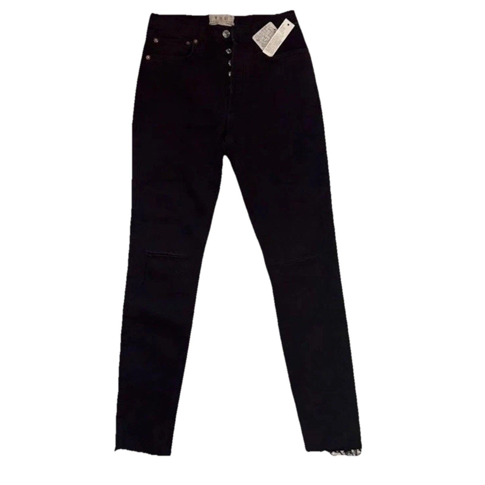 FP Free People Stella Skinny Jeans High Rise Button Fly Raw Hem Black Sz 26  NWT