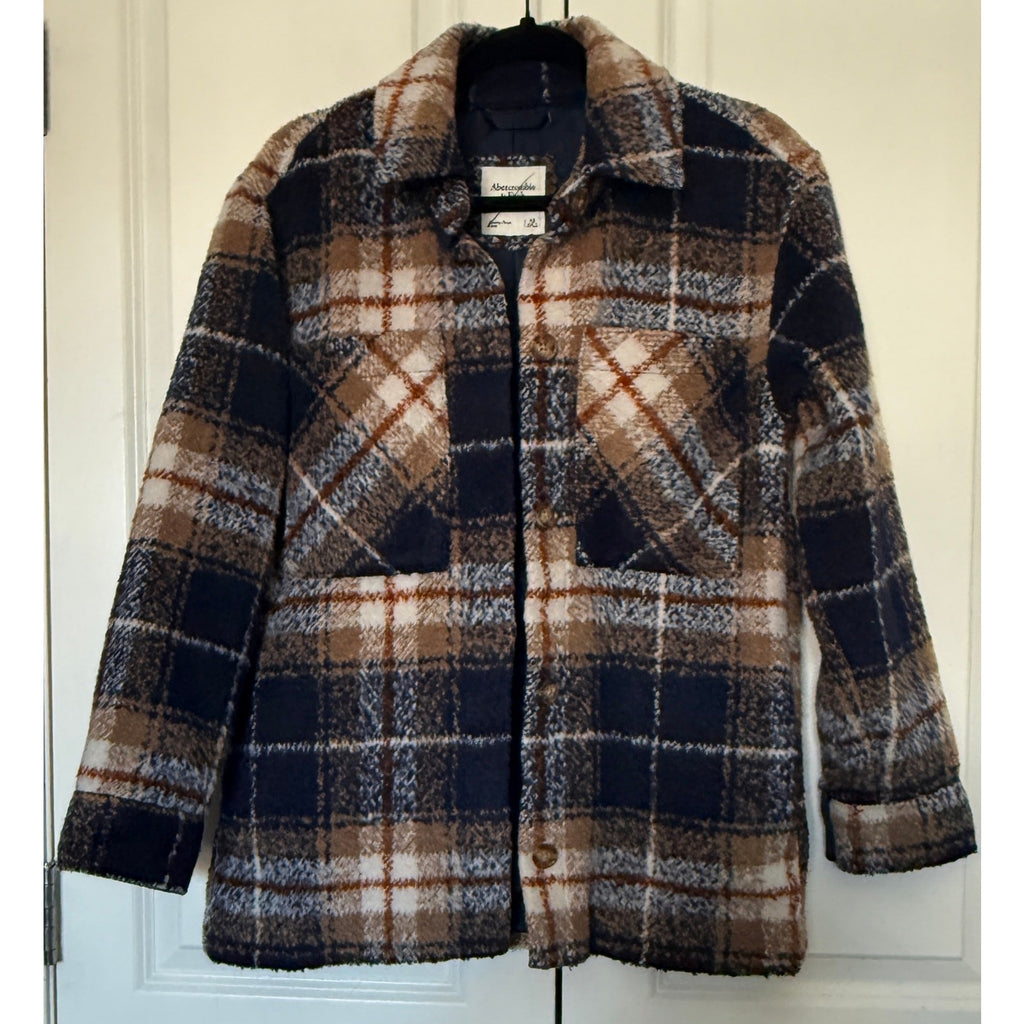 Abercrombie & Fitch XS Plaid Wool-Blend Jacket Blue Tan Checkered Shacket Lined