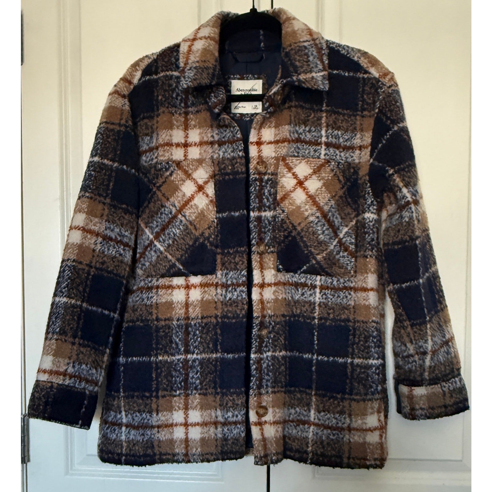 Abercrombie & Fitch XS Plaid Wool-Blend Jacket Blue Tan Checkered Shacket Lined