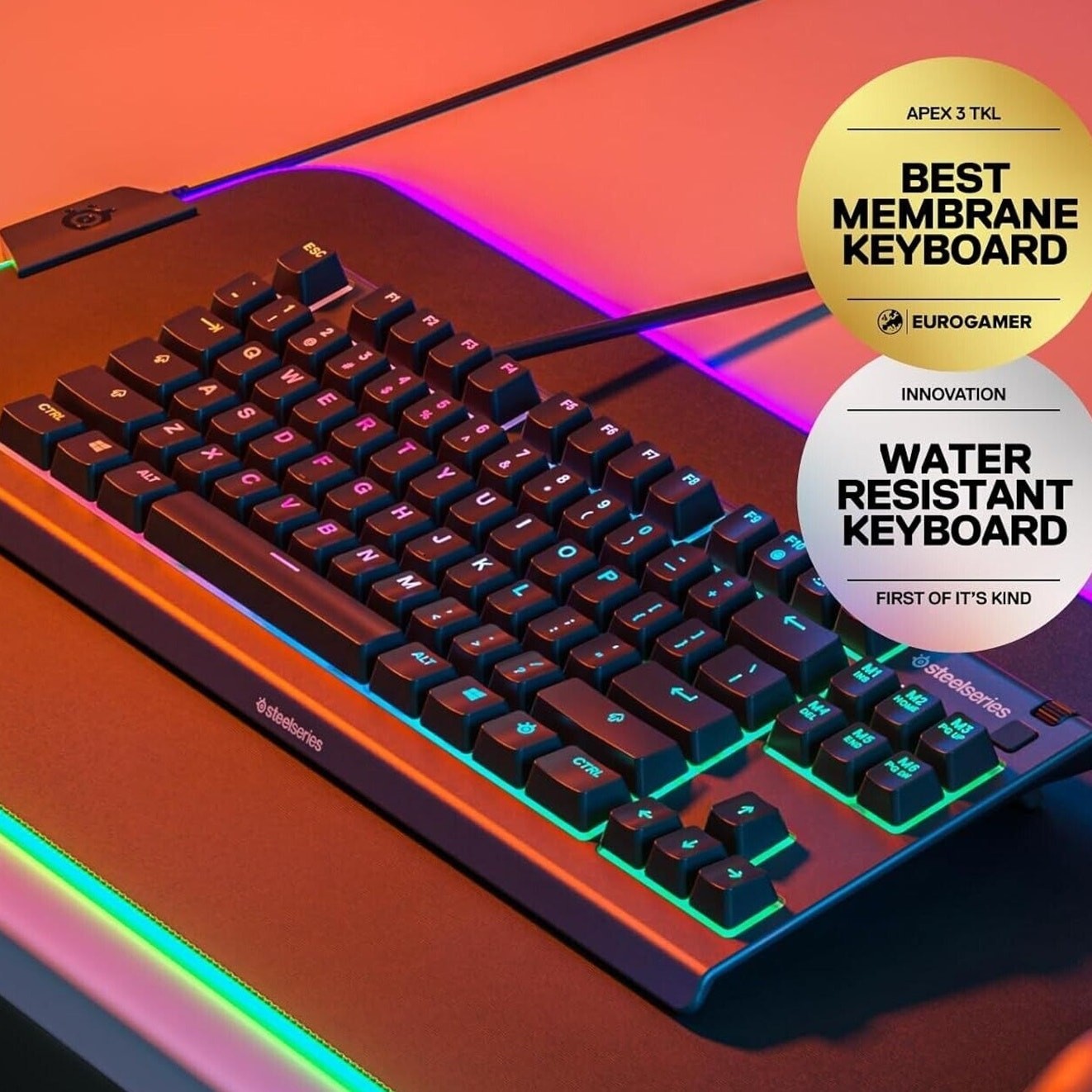 SteelSeries Apex 3 TKL Gaming Keyboard 8-Zone RGB Lighting Ten Keyless Black NEW