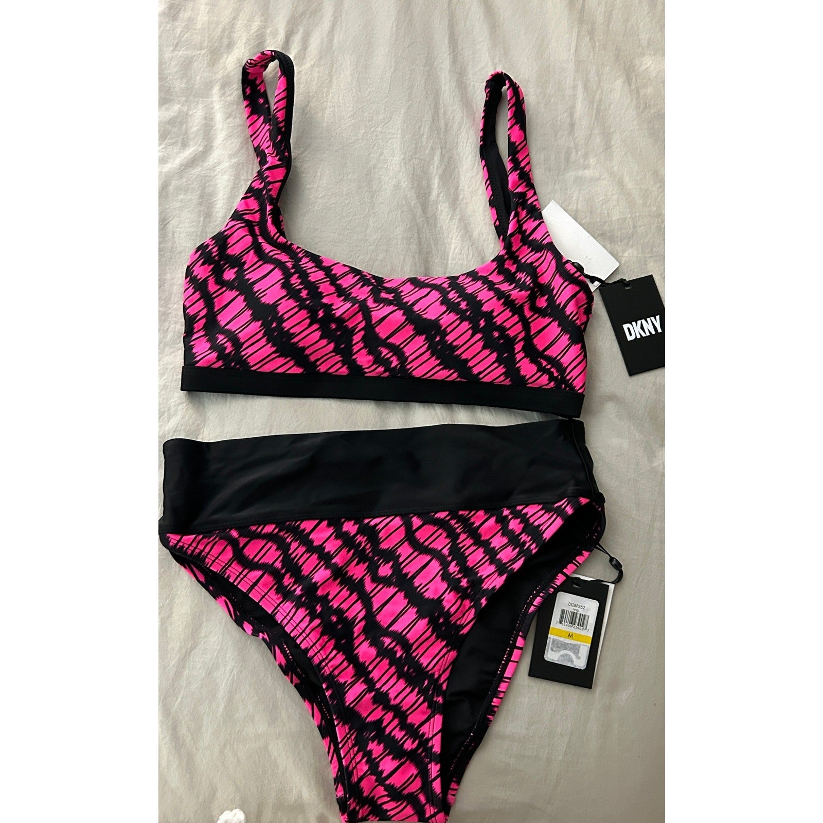 NWT DKNY Neon Pink Bikini – Square Neck & High Waist Bottom, Set Size M