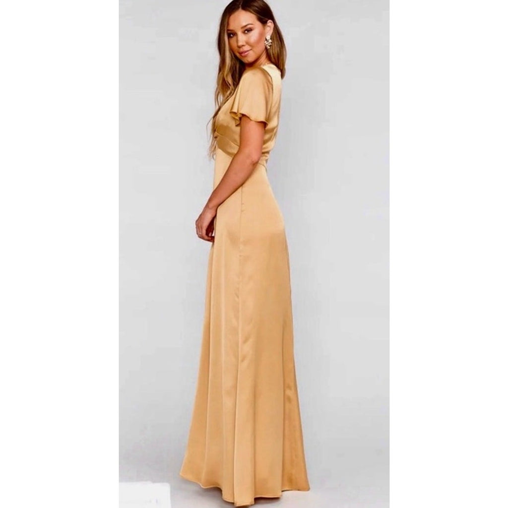 Show Me Your MuMu Rome Twist Empire Waist Gown True Gold Luxe Satin Size XS NEW