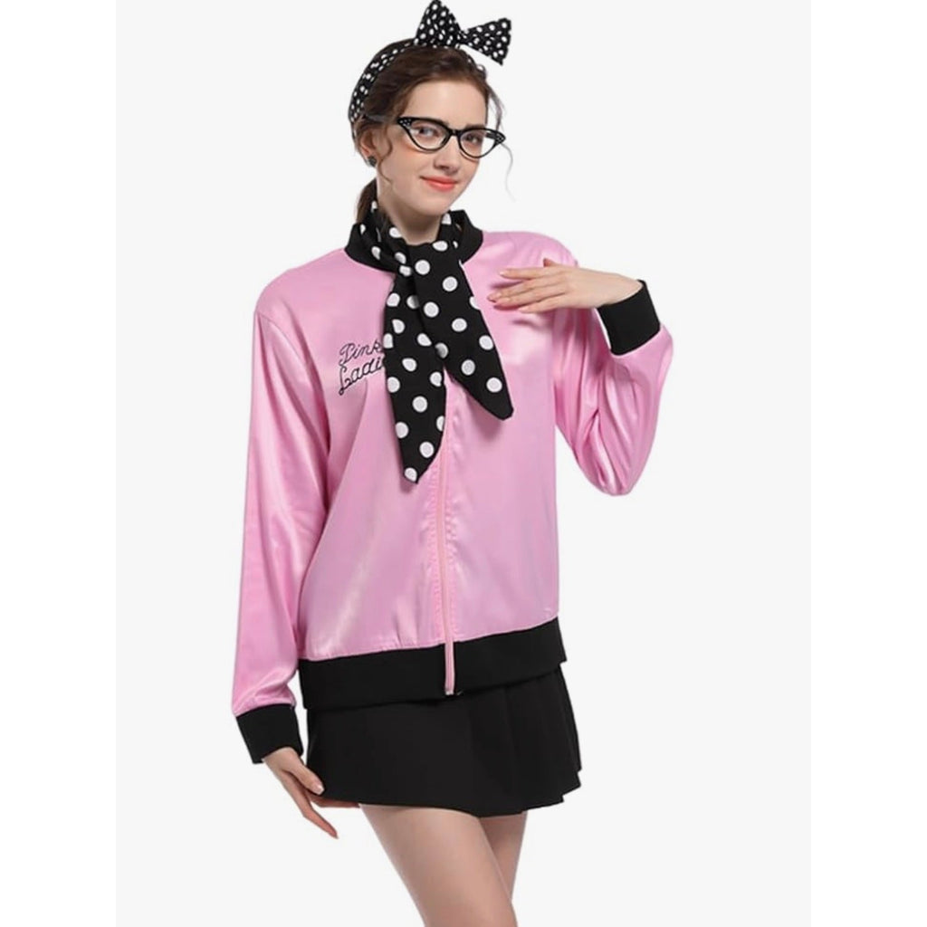 NEW Grease 1950s Pink Lady's Satin Jacket Halloween Costume 6 Piece Set Sz Small
