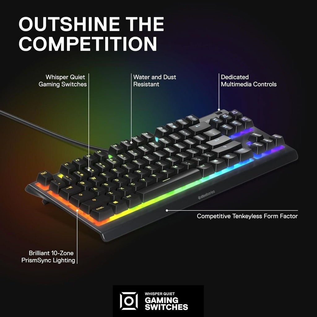 SteelSeries Apex 3 TKL Gaming Keyboard 8-Zone RGB Lighting Ten Keyless Black NEW