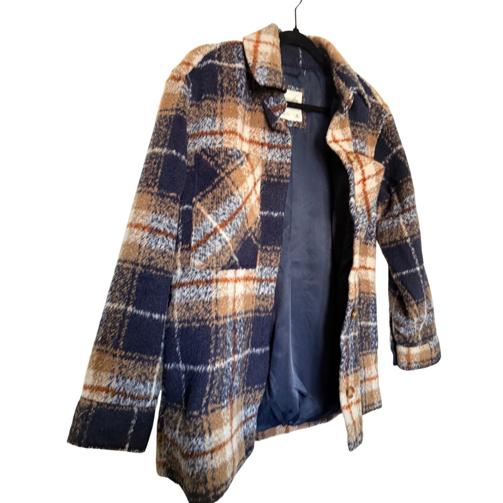 Abercrombie & Fitch XS Plaid Wool-Blend Jacket Blue Tan Checkered Shacket Lined