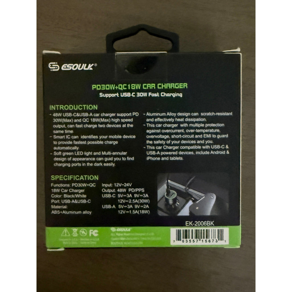 Esoulk 48W Car Charger – PD30W USB-C + QC18W Fast Charging Adapter