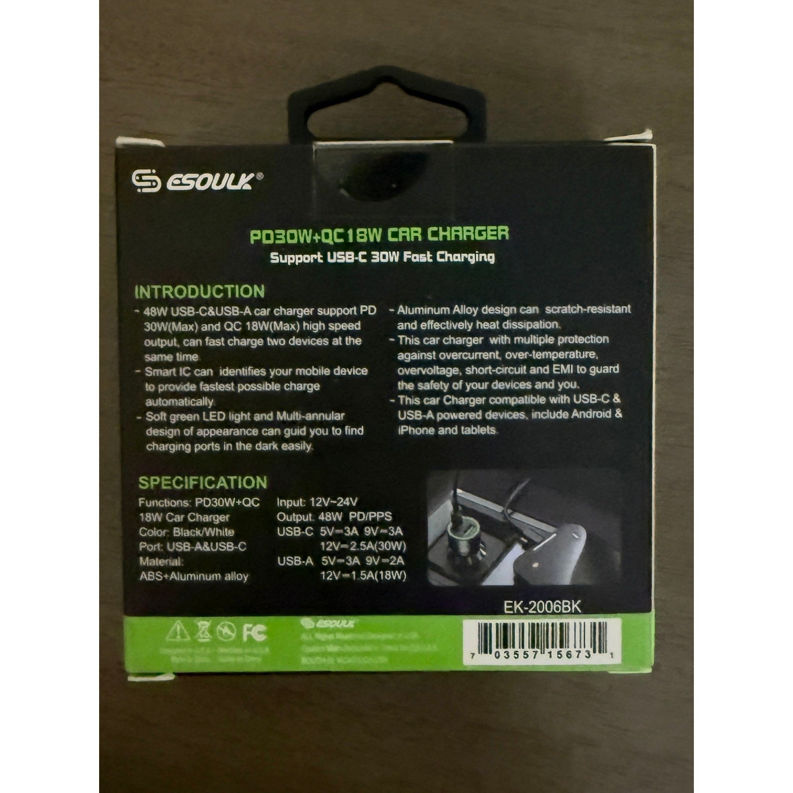Esoulk 48W Car Charger – PD30W USB-C + QC18W Fast Charging Adapter