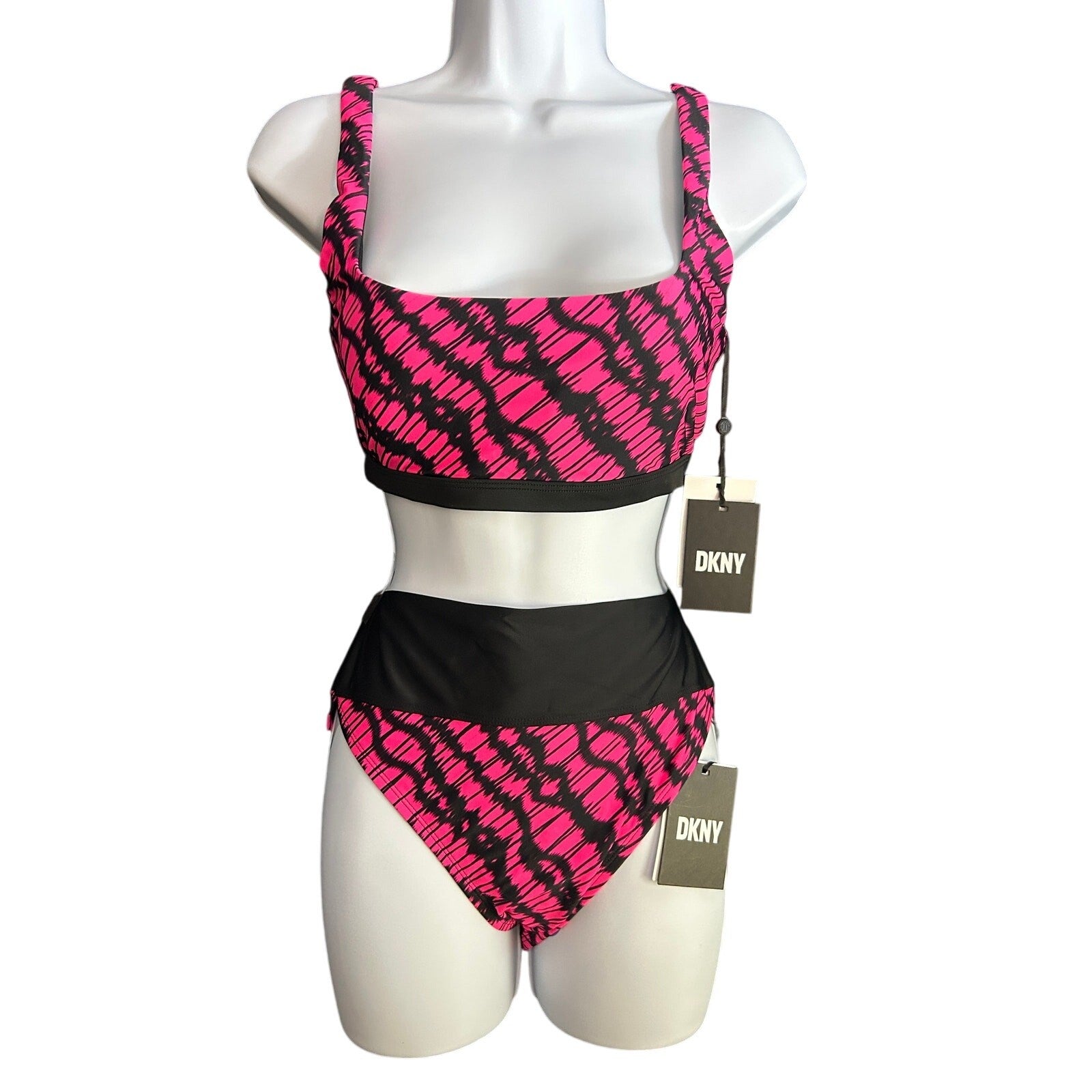 NWT DKNY Neon Pink Bikini – Square Neck & High Waist Bottom, Set Size M