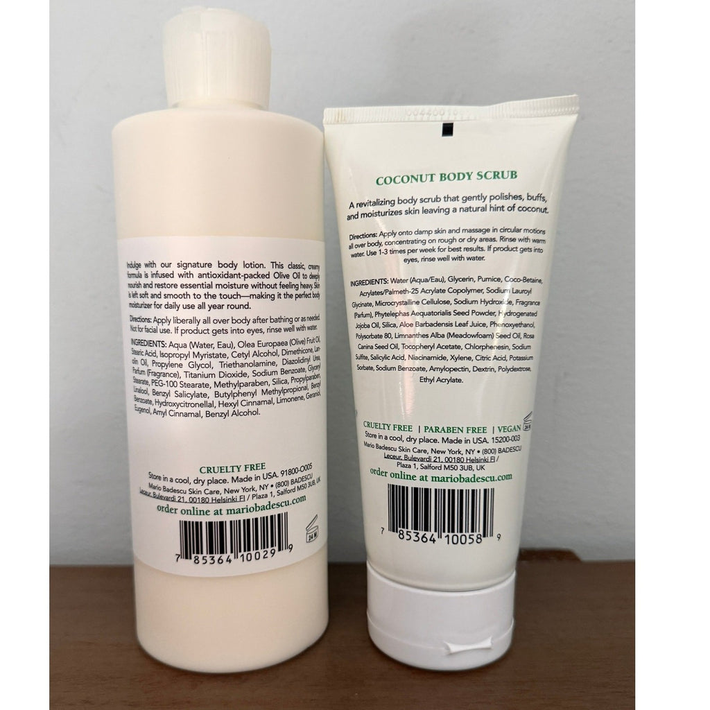 Mario Badescu Coconut Scrub 6oz + Olive Body Lotion 16oz | New Skincare Duo