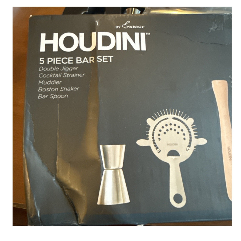 NICE Houdini 5 Piece Bar Set Stainless Tin Wood Essential Mixology Cocktails NEW