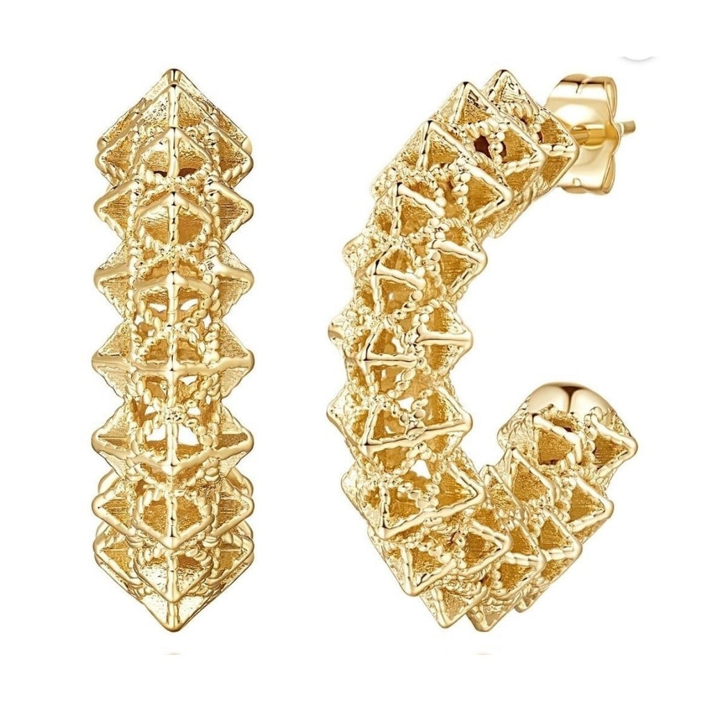 Al&Tiffy 14K Gold Plated Hollow Thick Hoop Stud Earring Geometric Lattice Design