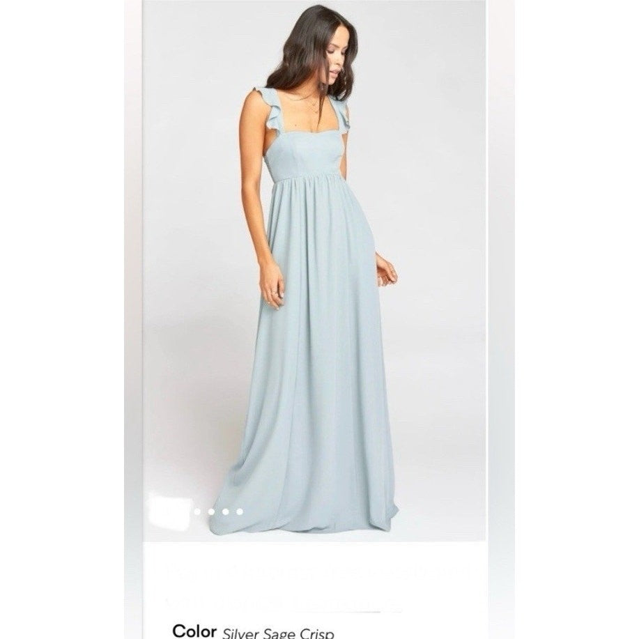 Show Me Your Mumu June Maxi Smocked V-Back Dress Silver Sage Crisp Size XXS NWT