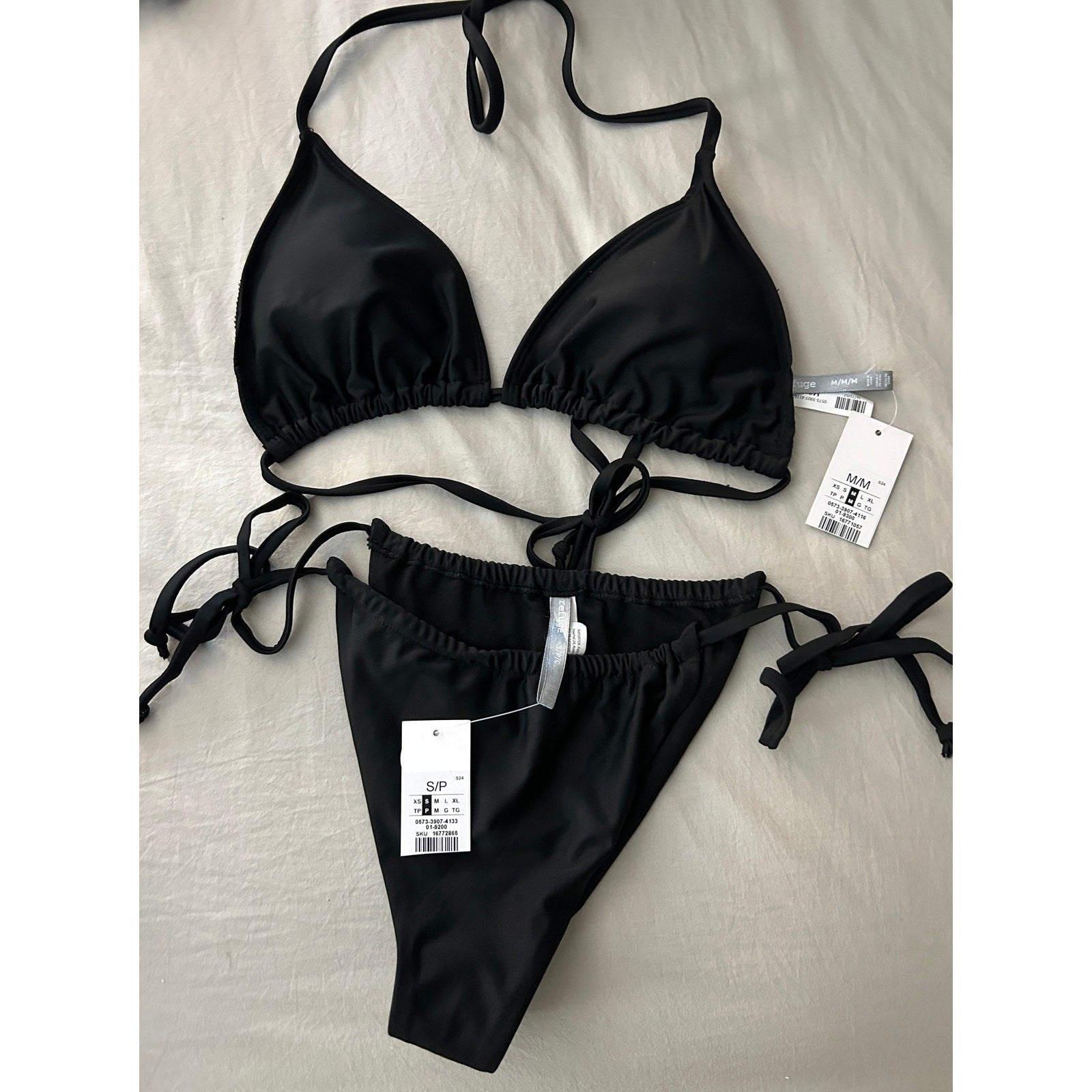 Refuge Black Strappy Triangle Bikini Set – M Top, S Bottom, Sexy, Halter Tie