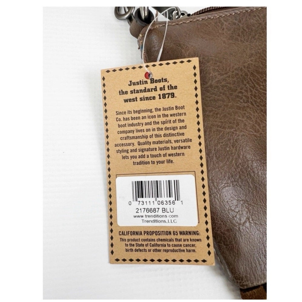 Justin Western Fringe Shoulder / WristletBag Blue Beige Leather + Free Earrings