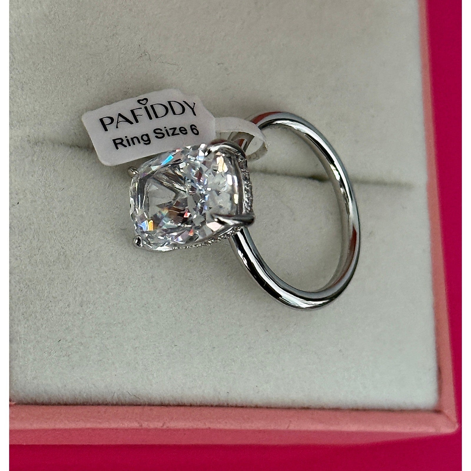 Paffidy 3.5ct D Color Moissanite Cushion Solitaire Ring Size 6 | S925 Silver NEW
