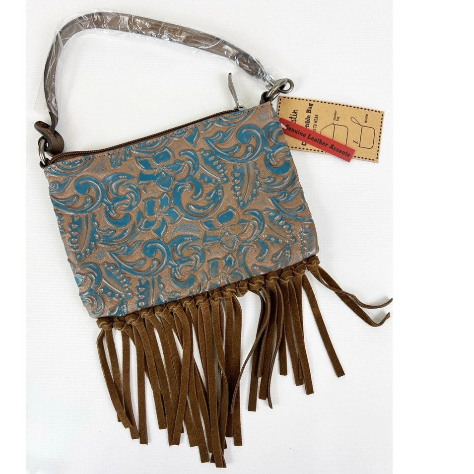 Justin Western Fringe Shoulder / WristletBag Blue Beige Leather + Free Earrings