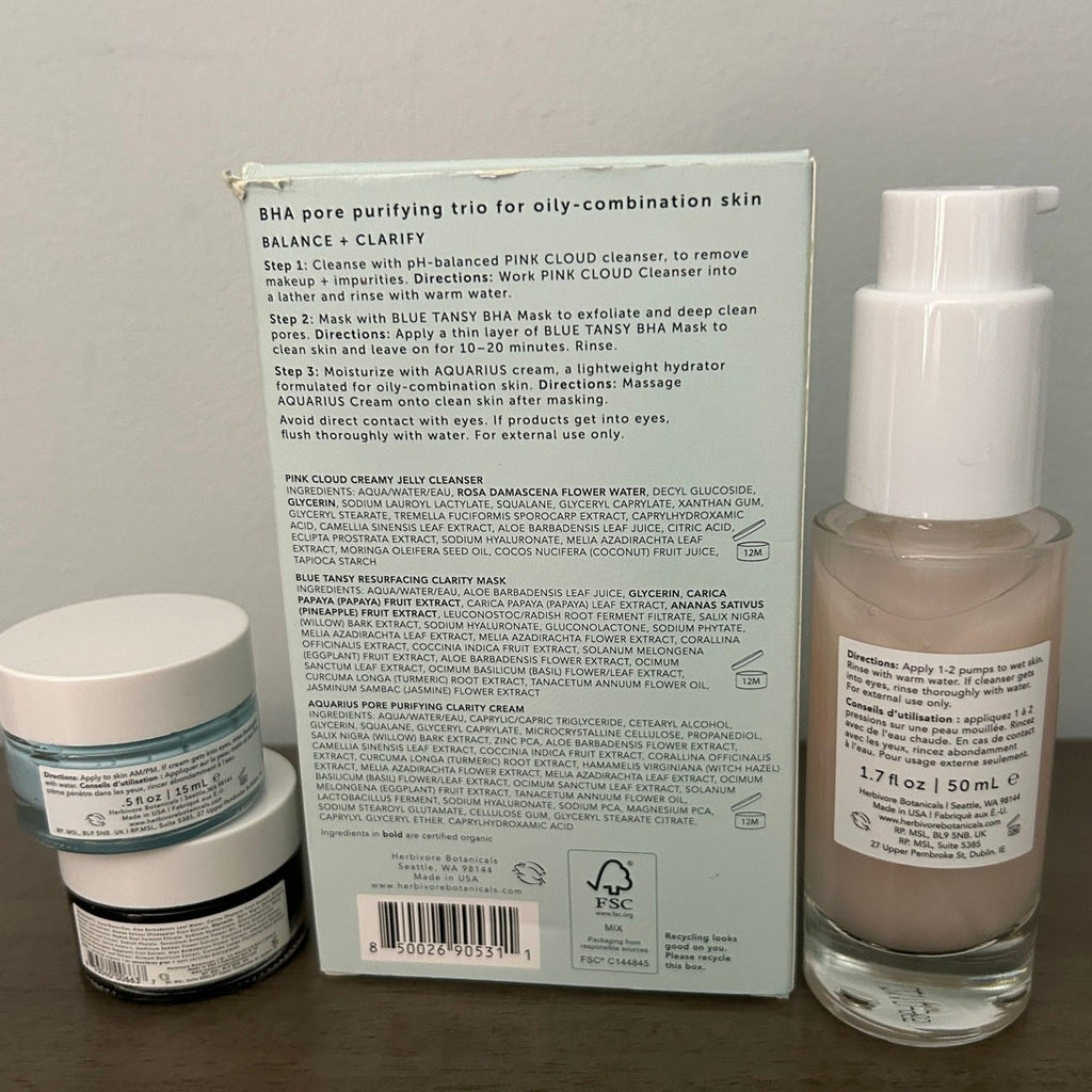 Herbivore Skincare Gift Set Pink Cloud Cleanser Blue Tansy Mask Aquarius Cream