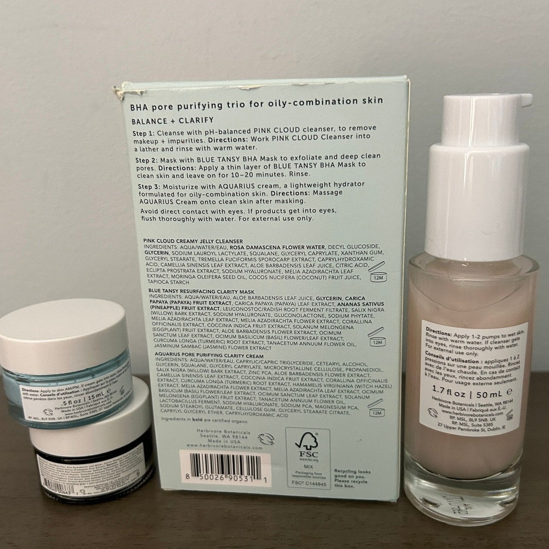 Herbivore Skincare Gift Set Pink Cloud Cleanser Blue Tansy Mask Aquarius Cream