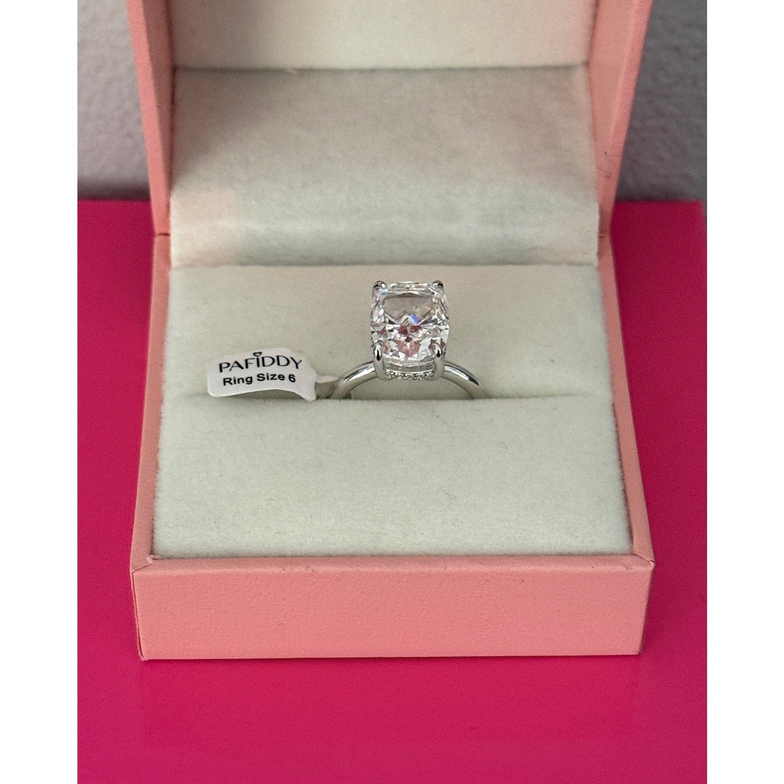 Paffidy 3.5ct D Color Moissanite Cushion Solitaire Ring Size 6 | S925 Silver NEW