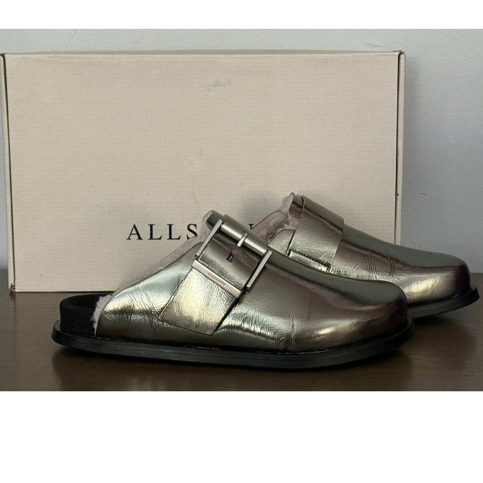 AllSaints Eris Mule Gun Metal Grey Lambskin Size 8 NIB Women’s Shoes Retail $349