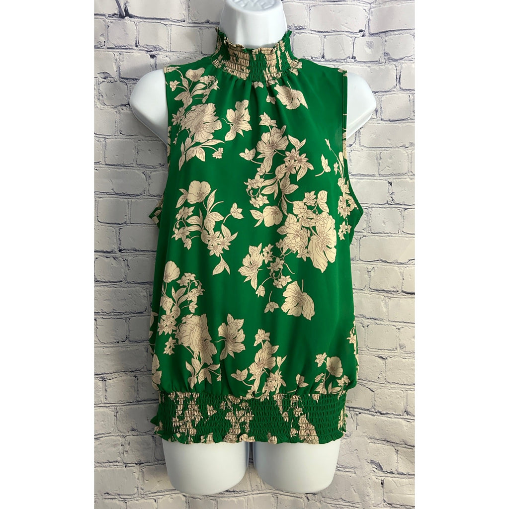 Sienna Sky Green Floral Top – Smocked Neck, Sleeveless, Loose Fit Blouse Size M 