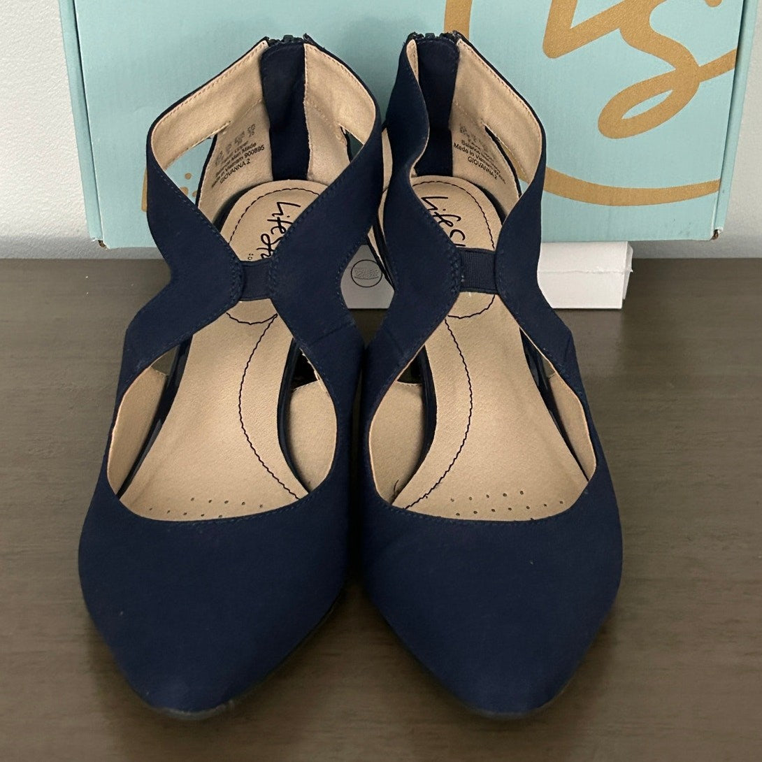 Lifestride Giovanna 2 Pump Heel Sandals Navy Blue 8.5 Wide EUC