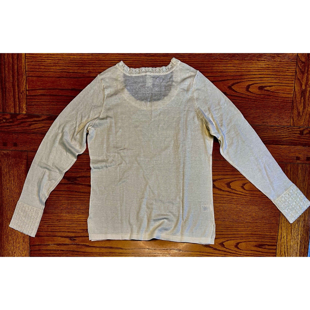 Aventura Lightweight Knit Top Sz M Ivory Cream Crochet Neck & Wrist Detail NEW