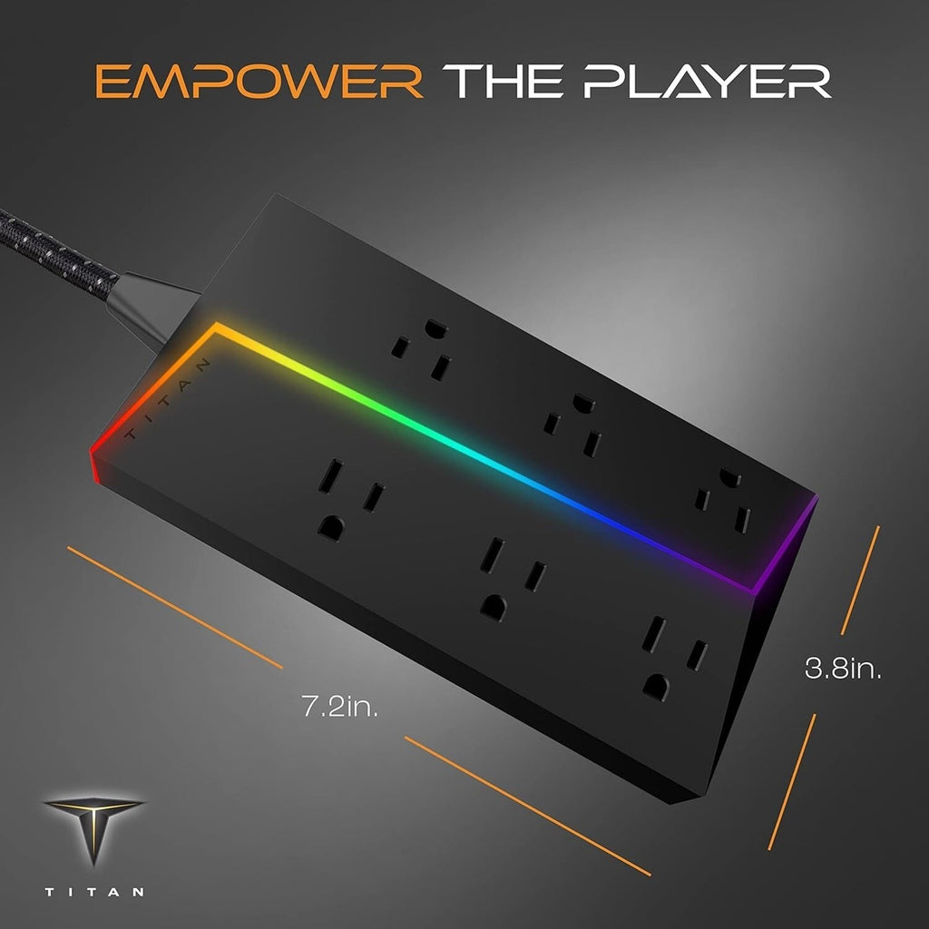 Titan LED 6-Outlet Surge Protector 4ft Braided Extension Cord W/Light Strip NEW