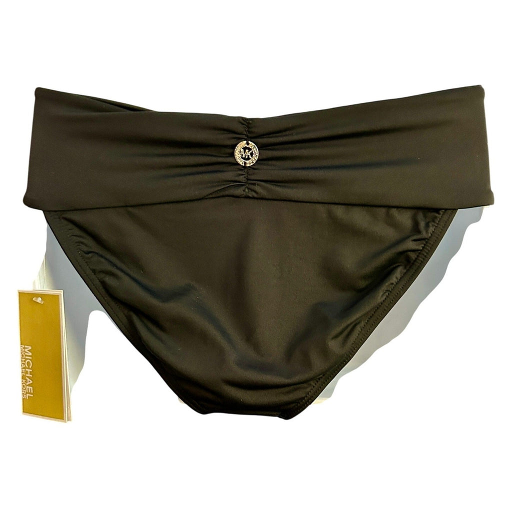 Michael Kors Euro Gathered Bikini Bottom Solid Black – Ruched Waist, Size M