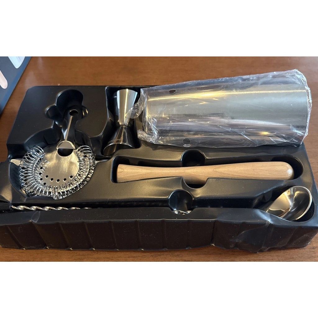 NICE Houdini 5 Piece Bar Set Stainless Tin Wood Essential Mixology Cocktails NEW