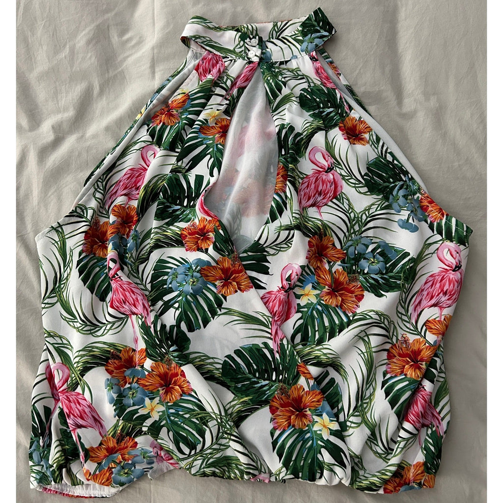 Rachel Zoe Tropical Print Choker Tank Top – Bare Shoulder, Large