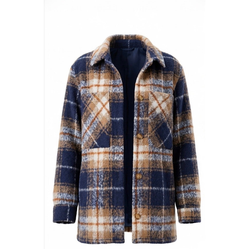 Abercrombie & Fitch XS Plaid Wool-Blend Jacket Blue Tan Checkered Shacket Lined