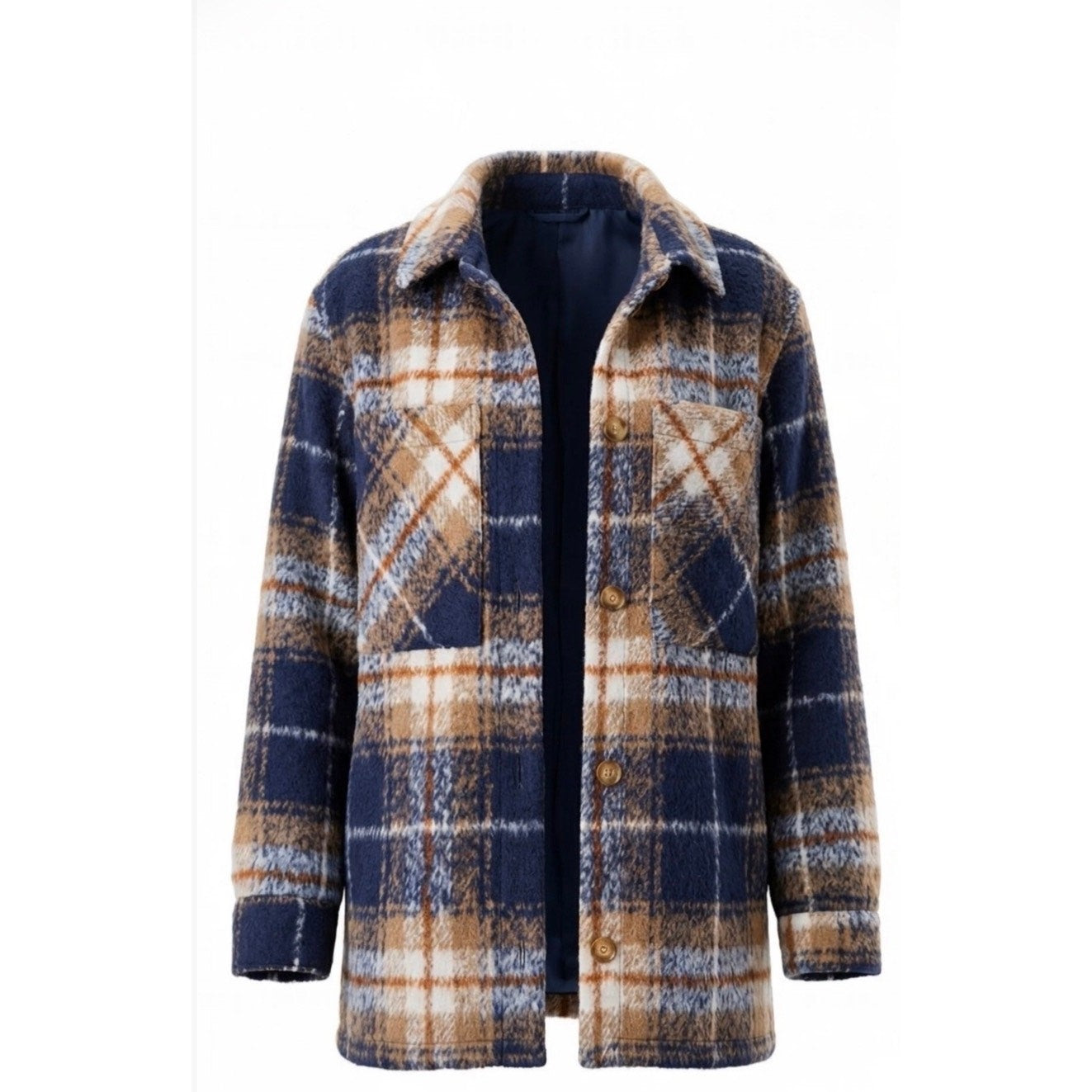 Abercrombie & Fitch XS Plaid Wool-Blend Jacket Blue Tan Checkered Shacket Lined