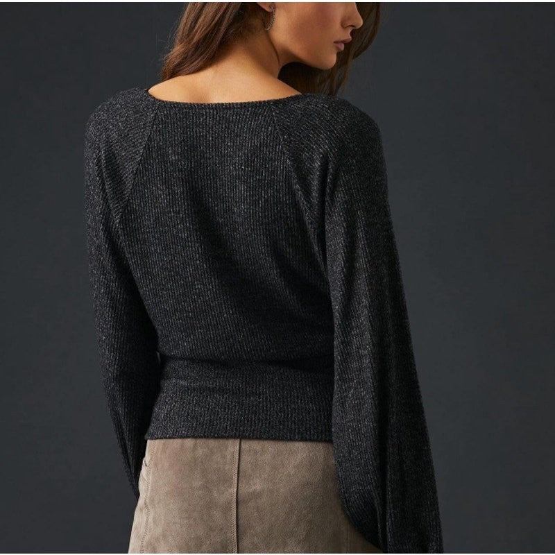 Anthropologie Women's Black Long Sleeve Ribbed Wrapped Sweater Size Medium NWOT