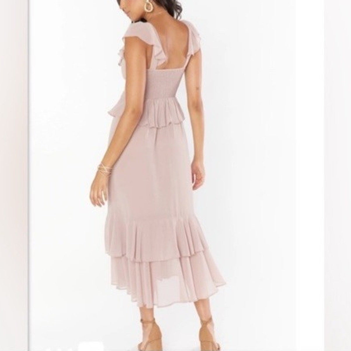Show Me Your Mumu Reese Ruffle Midi Dress - Soft Beige Chiffon Dress Size M NWT