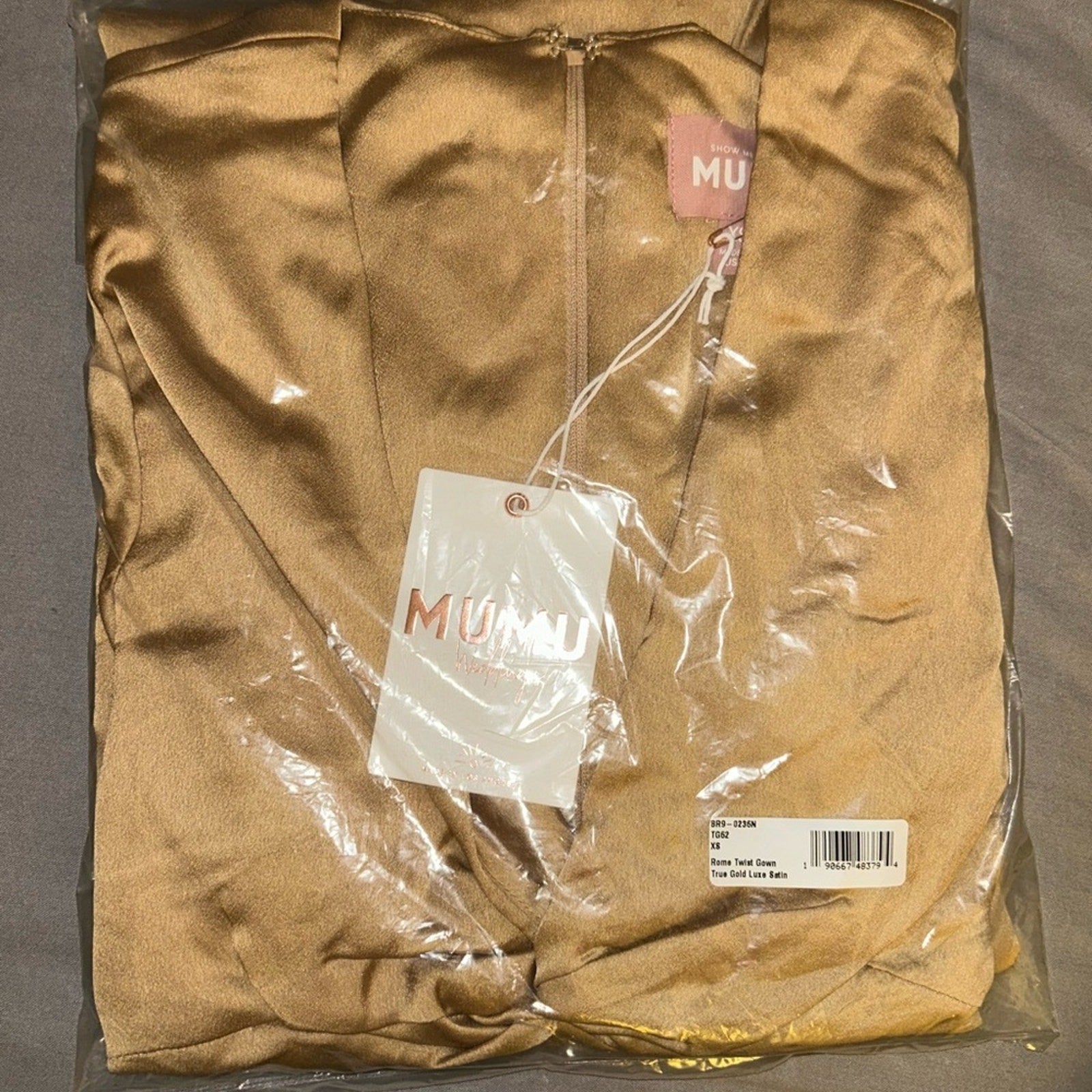 Show Me Your MuMu Rome Twist Empire Waist Gown True Gold Luxe Satin Size XS NEW