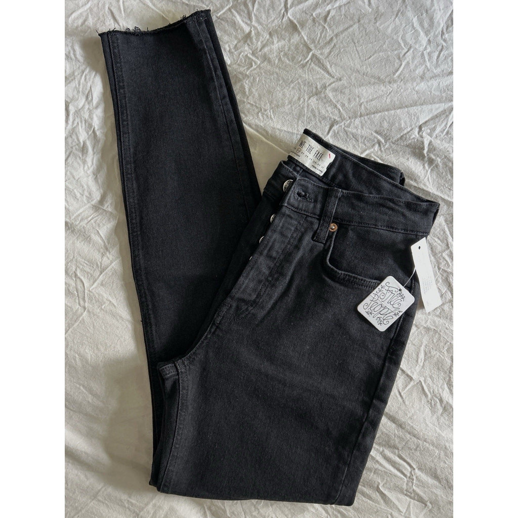 FP Free People Stella Skinny Jeans High Rise Button Fly Raw Hem Black Sz 26  NWT