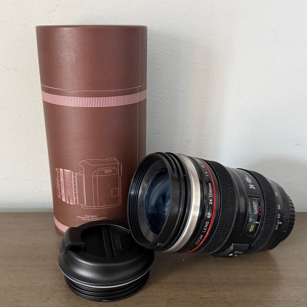 Camera Lens Coffee Mug 2 Lids Stainless Steel Camera Lens Cup Great Gift NEW 