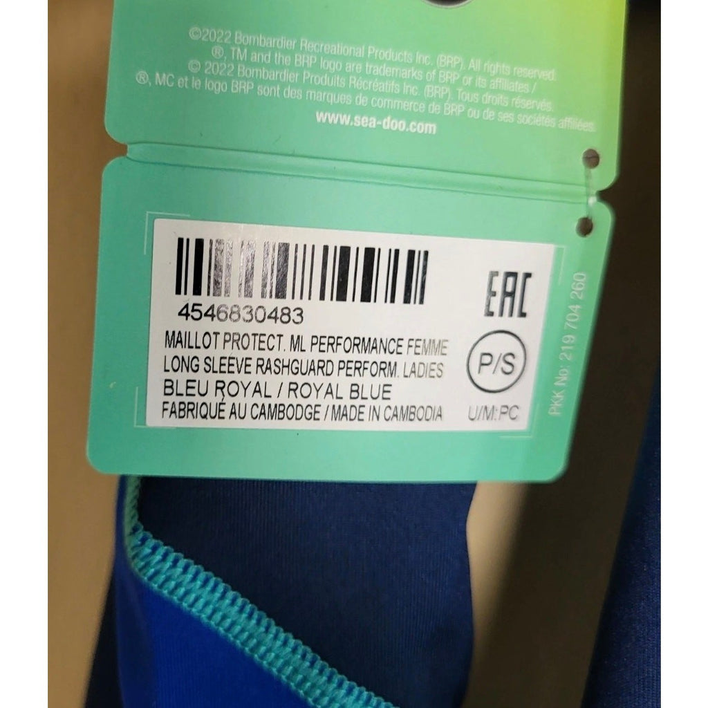 Women's Sea-Doo Long Sleeve Swimsuit Top 50 UV Protection Blue Sz S / P NWT