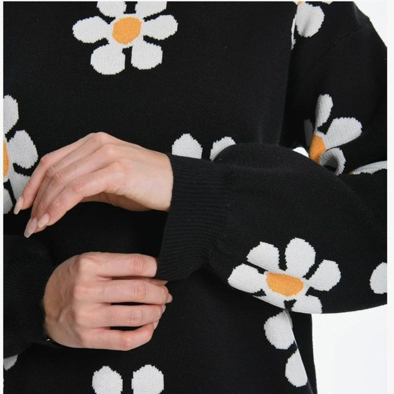 Black Floral Knit Sweater – Size Medium Long Sleeve Crochet Pullover New