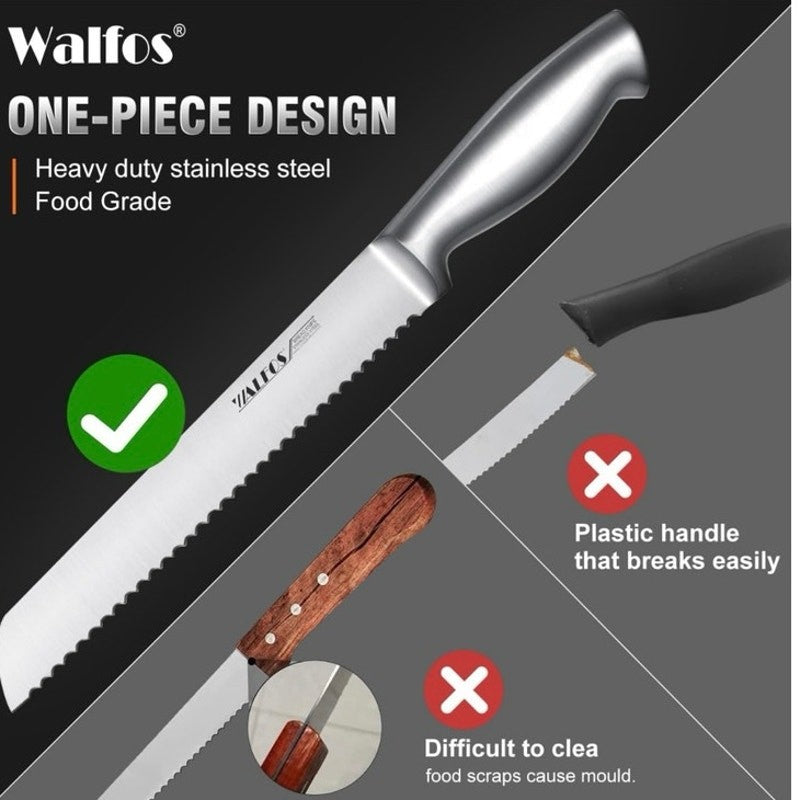 Walfos 8" Pro Premium Stainless Steel Ultra-Sharp Serrated Knife w/ Sheath NIB