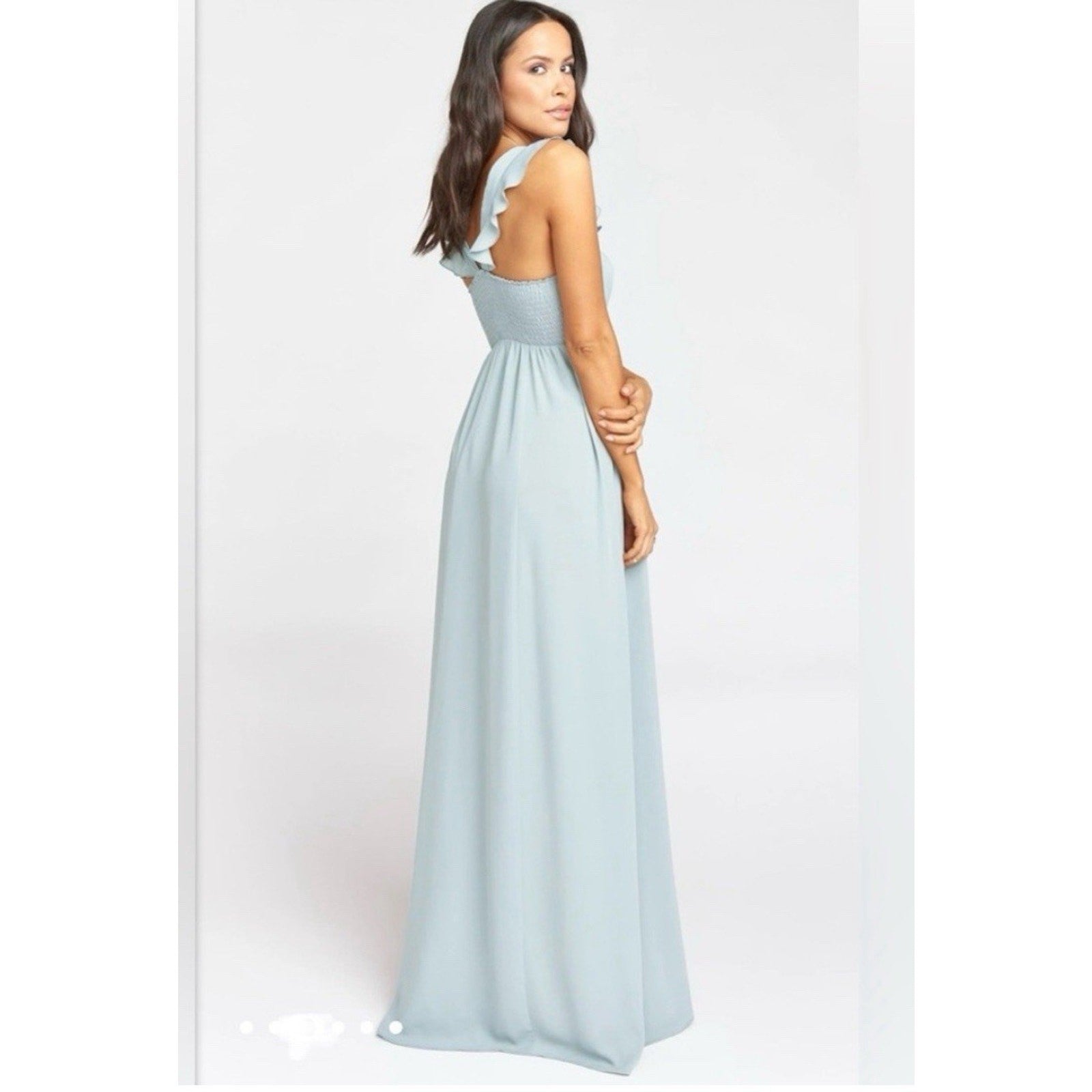 Show Me Your Mumu June Maxi Smocked V-Back Dress Silver Sage Crisp Size XXS NWT