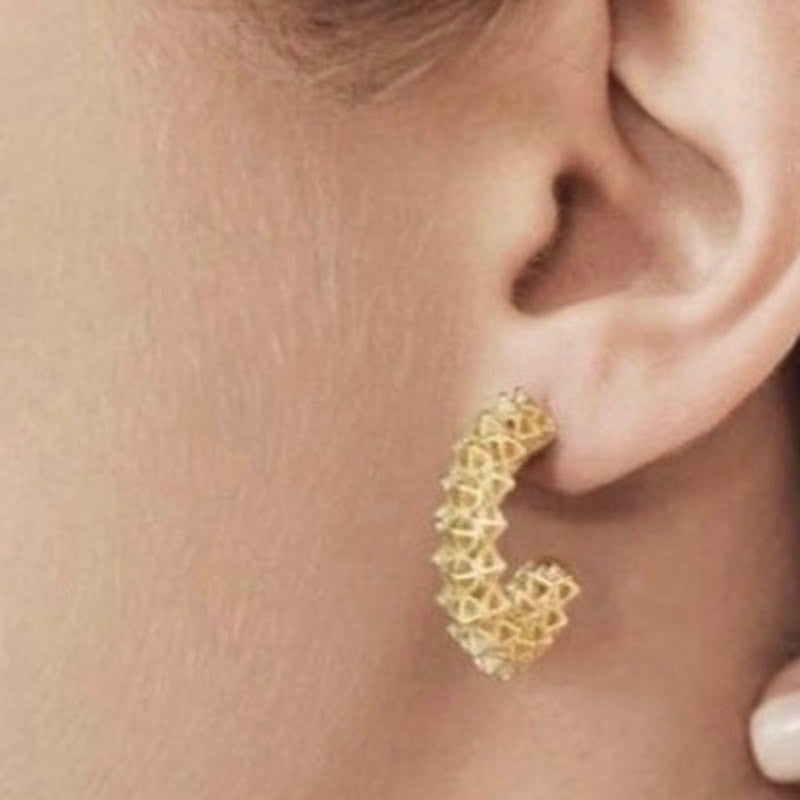 Al&Tiffy 14K Gold Plated Hollow Thick Hoop Stud Earring Geometric Lattice Design