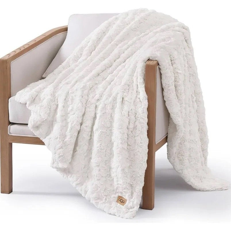 UGG Adalee Natural White Faux Fur Throw Blanket 50 x 70 Cozy Textured Luxury NIB