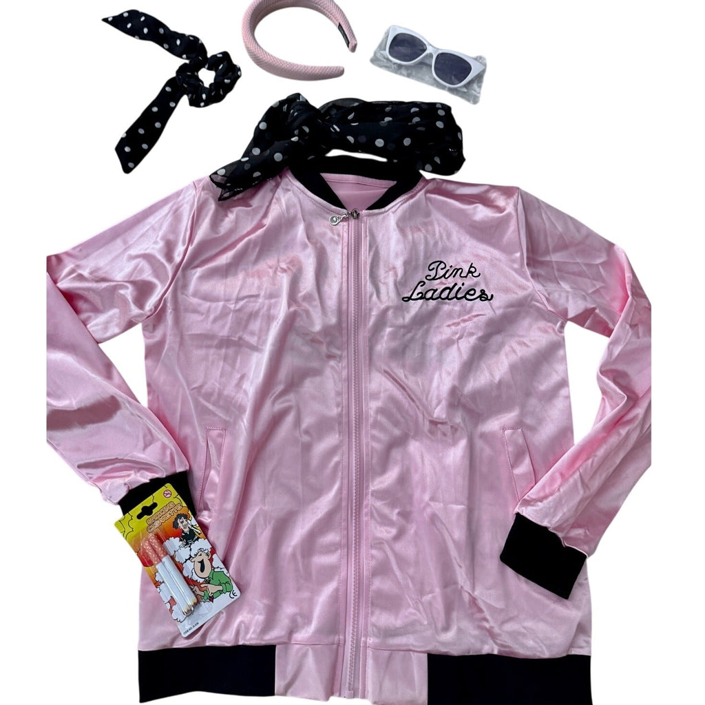 NEW Grease 1950s Pink Lady's Satin Jacket Halloween Costume 6 Piece Set Sz Small