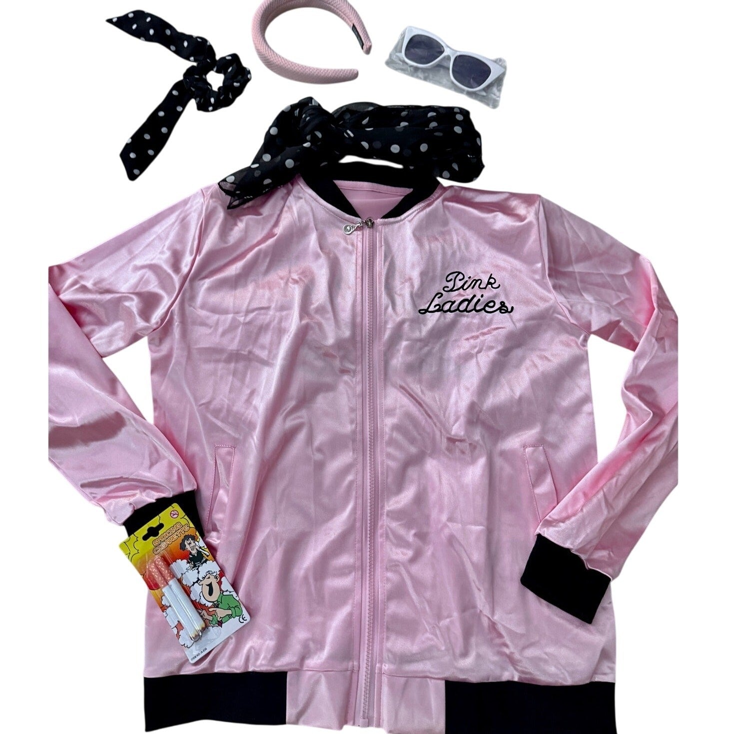 NEW Grease 1950s Pink Lady's Satin Jacket Halloween Costume 6 Piece Set Sz Small