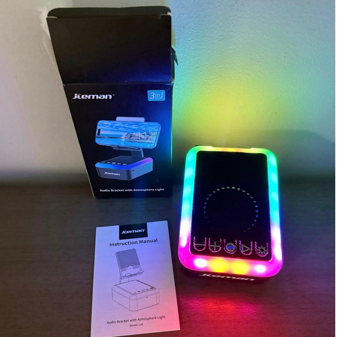 Jieman L35 3‑in‑1 Bluetooth Speaker Phone Stand w/ Sound‑Reactive LED Lights NIB