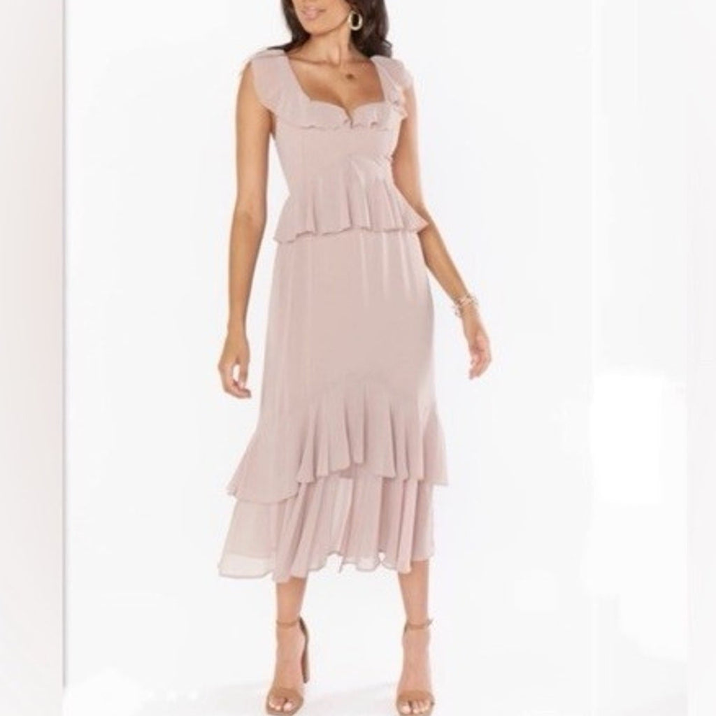 Show Me Your Mumu Reese Ruffle Midi Dress - Soft Beige Chiffon Dress Size M NWT